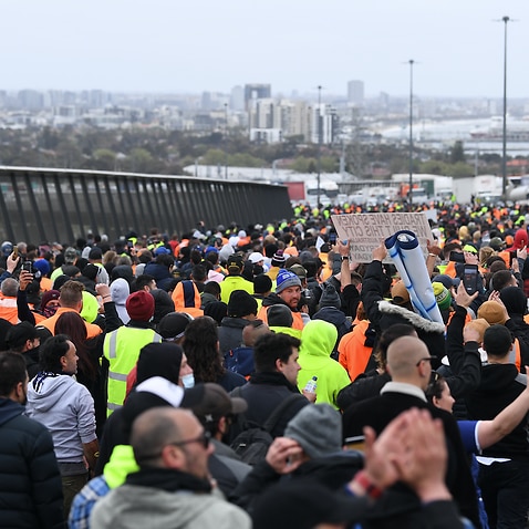 Protesters on the West Gate Bridge in Melbourne, Tuesday, September 21, 2021. 