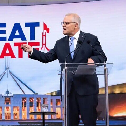 Australian Prime Minister Scott Morrison (right) and Opposition Leader Anthony Albanese during the second leaders' debate in Sydney, Sunday, 8 May, 2022.