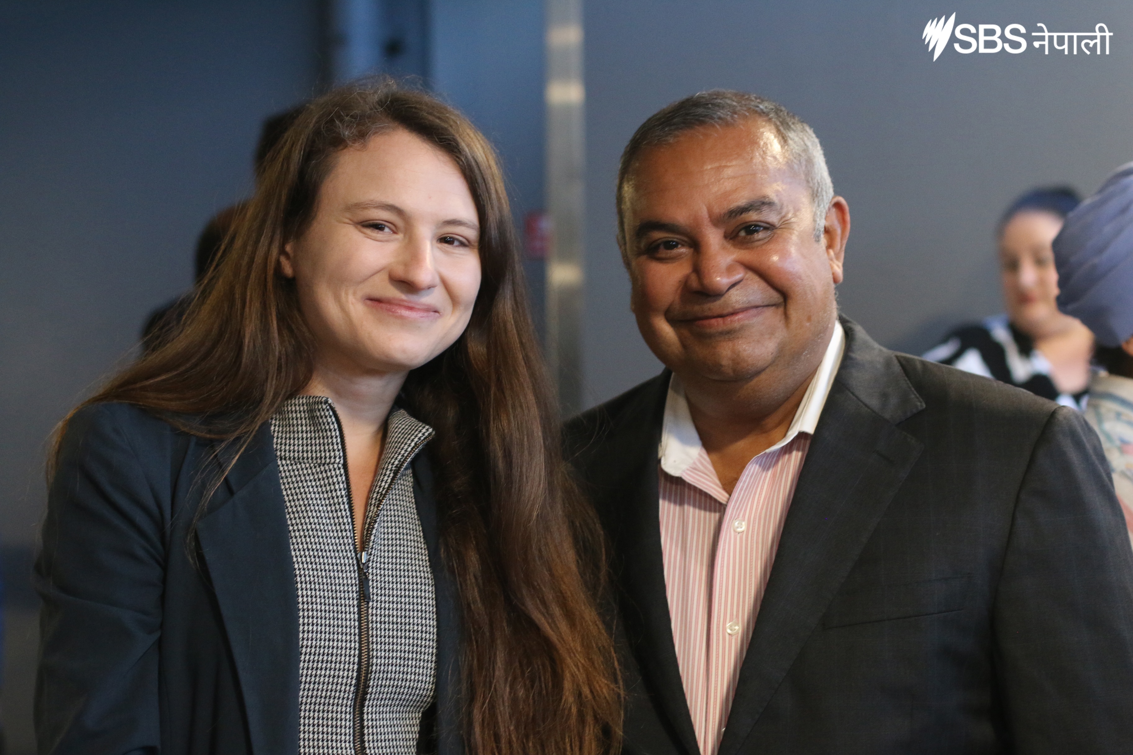 Multicultural NSW Media Manager Ania Dutka (L) and CEO of Indian Link Media Group Pawan Luthra (R) attending the 2021 Diwali Media Doorstep Event. 
