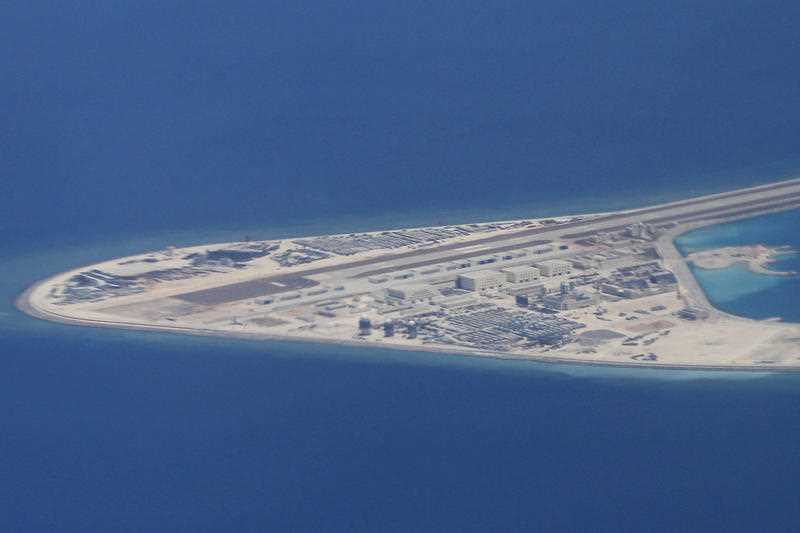 An airstrip, structures and buildings on China's man-made Subi Reef in the Spratly chain of islands in the South China Sea 