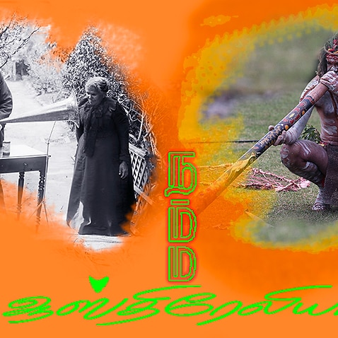 Australian Soundscape - L: Fanny Cochrane Smith and Horace Watson,1903(Tasmanian Museum&ArtGallery); R: A man plays a didgeridoo at an Australia Day event(AAP)
