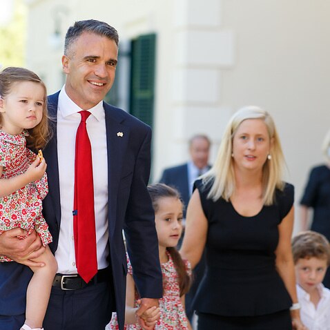 Incoming SA Premier Peter Malinauskas arrives with his wife Annabel and three children, Sophie, Jack and Eliza at Government House in Adelaide.