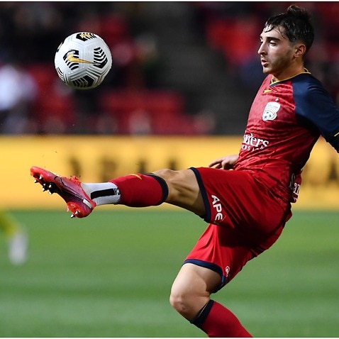 Josh Cavallo of Adelaide United during the A-League match between Adelaide United and Wellington Phoenix in May 2021.