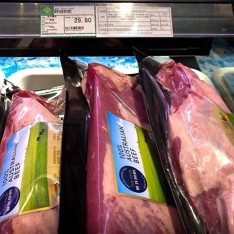 Beef imported from Australia on sale at a supermarket in China (AAP)