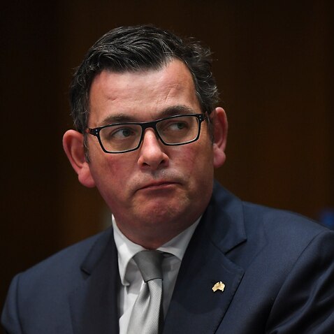 Victorian Premier Dan Andrews reacts during a press conference at Parliament House in Canberra.