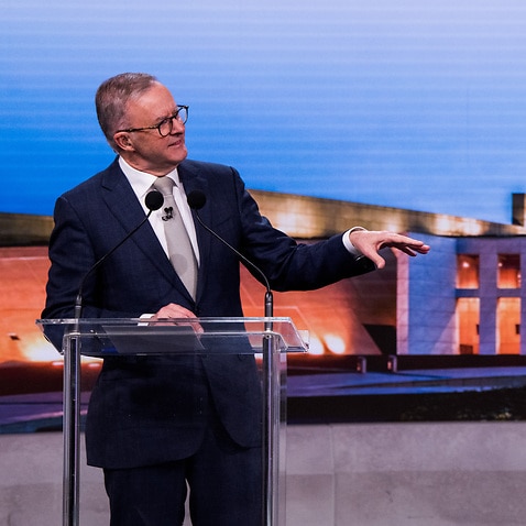 Australian Prime Minister Scott Morrison (right) and Opposition Leader Anthony Albanese during the second leaders' debate ahead of the federal election at Nine Studios in Sydney, Sunday, May 8, 2022. (AAP Image/Pool, James Brickwood) NO ARCHIVING
