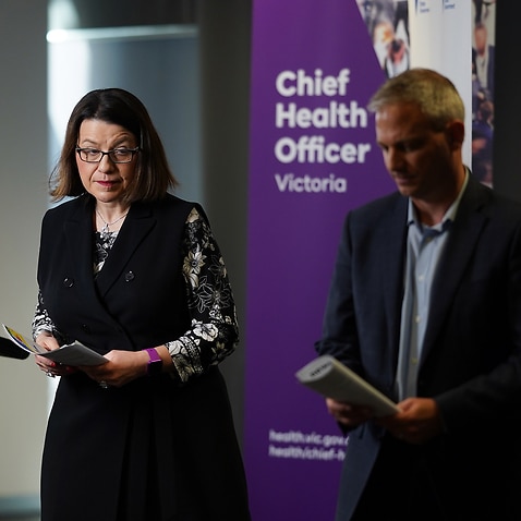 Victorian Health Minister Jenny Mikakos and Victorian Chief Health Officer Prof Brett Sutton speak to the media in Melbourne, Thursday, March 26, 2020. 