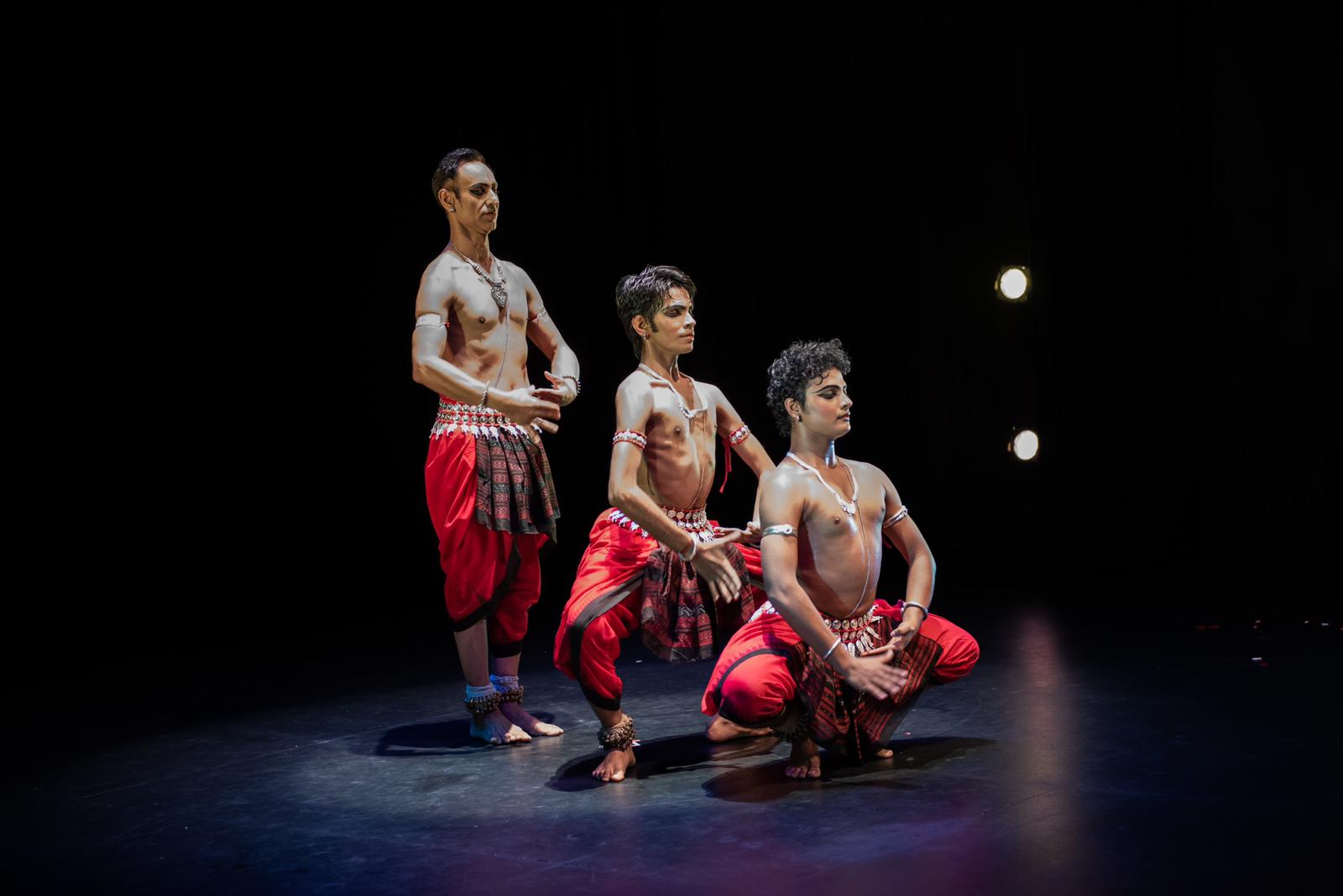 Australian Indian Odissi dancer Sam Goraya with guest artists from India Samir Panigrahi (L) and Santosh Ram (R) in performance 