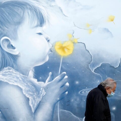 A pedestrian wearing a face mask to protect against coronavirus, walks in front of a mural, at a metro station in Athens, Greece. 