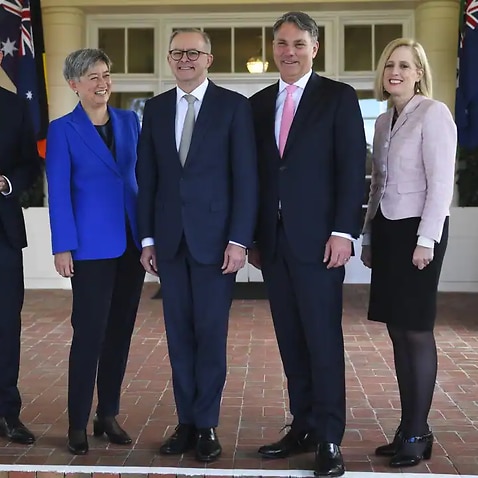 Australian Prime Minister Anthony Albanese poses for photographs with interim ministers Penny Wong, Jim Chalmers, Richard Marles and Katy Gallagher after a swearing-in ceremony at Government House in Canberra, on Monday, 23 May, 2022.