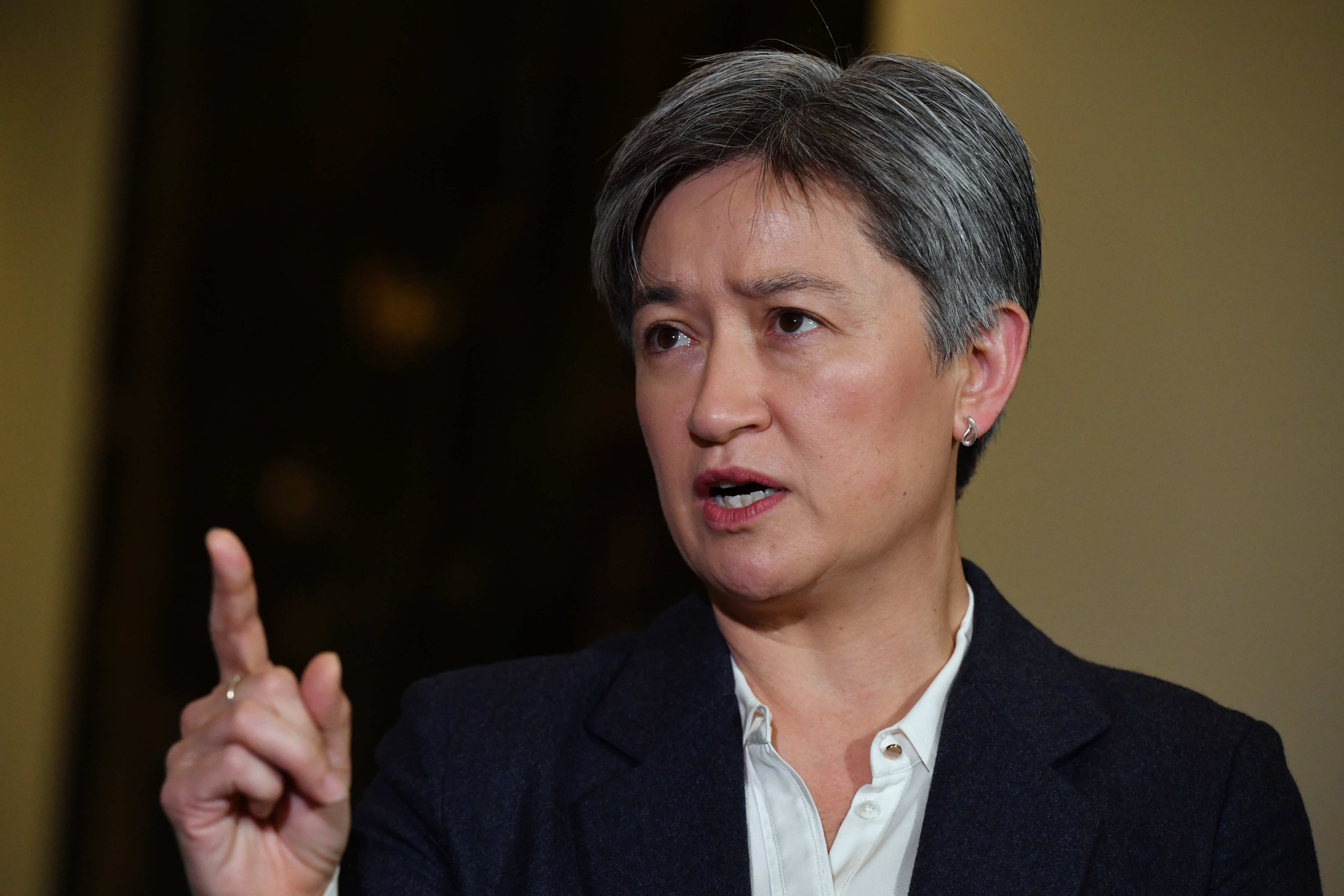 Labor's foreign affairs spokesperson Penny Wong at a press conference at Parliament House.