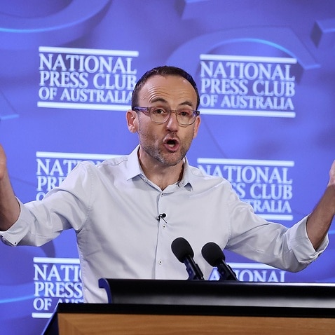 Australian Greens leader Adam Bandt addresses the National Press Club in Canberra, Wednesday, April 13, 2022. (AAP Image/Gary Ramage) NO ARCHIVING