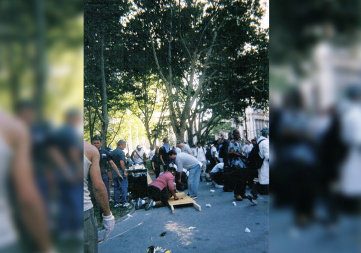 Volunteers making stretchers in the aftermath of the attacks.