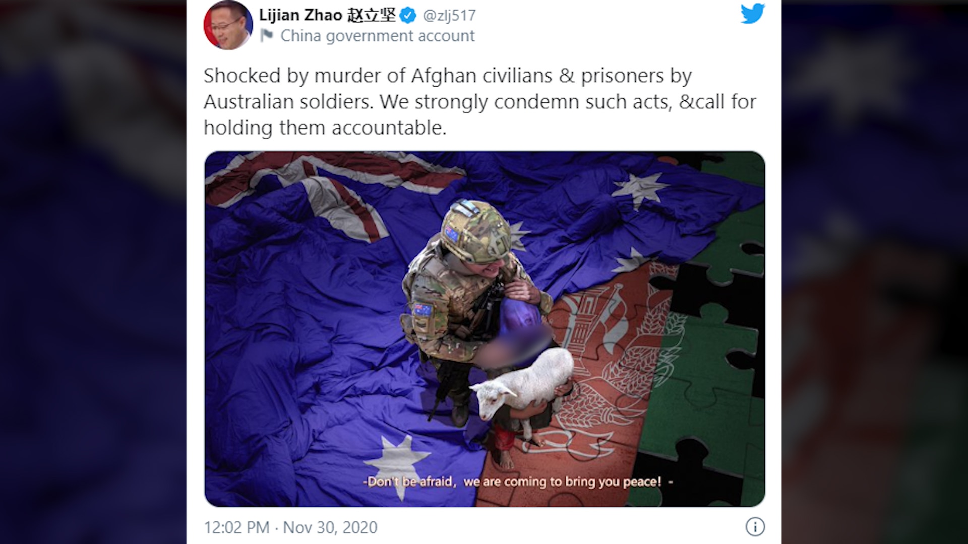 Australia is calling on China to apologise for the fake photo. 