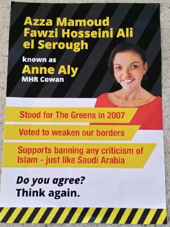An unclaimed flyer targeting Western Australia Labor MP Anne Aly.