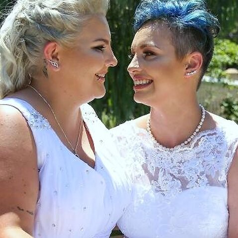 The first two same-sex weddings took place today. Pictured, Sydney couple Amy Laker and Lauren Price. 