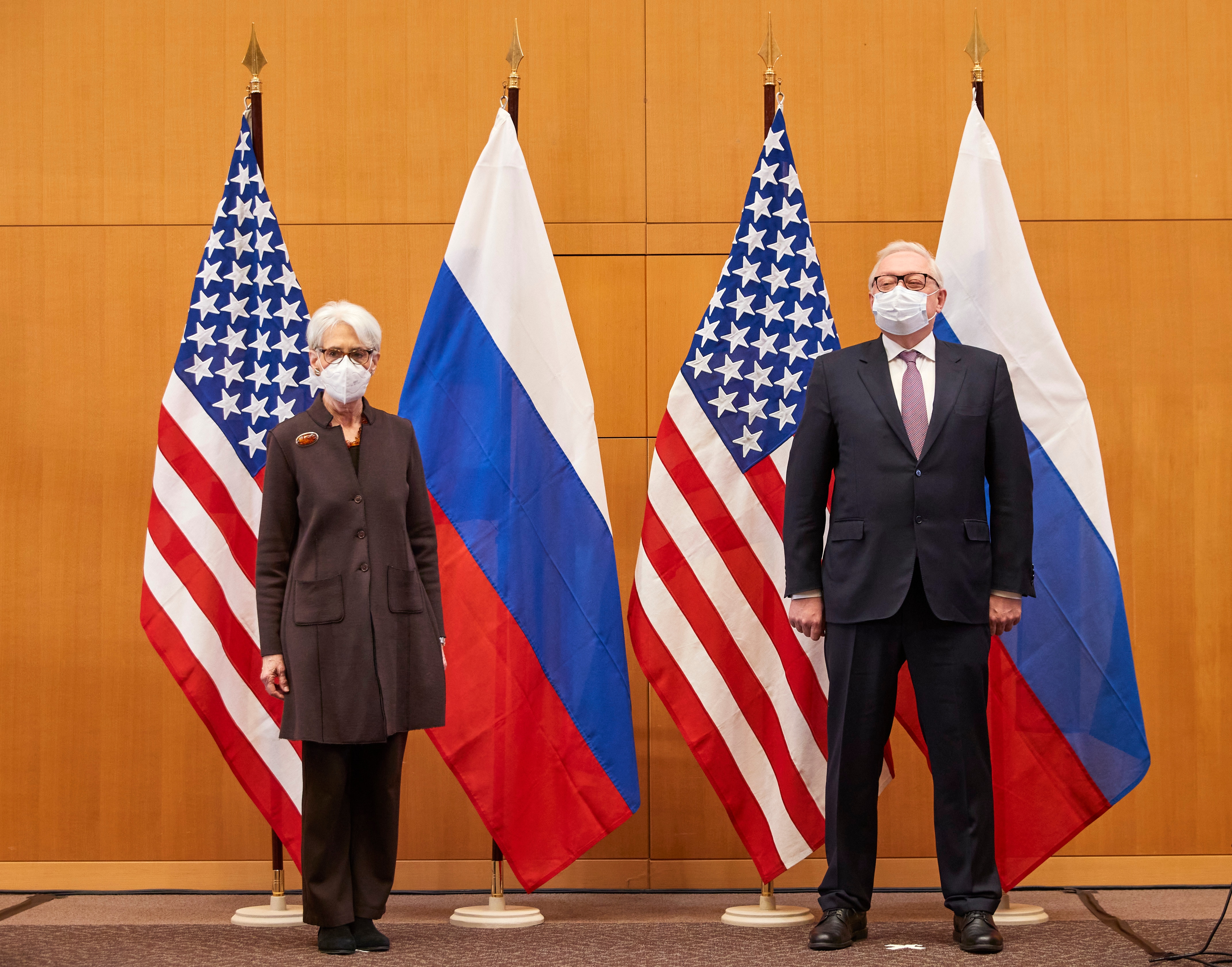US Deputy Secretary of State Wendy Sherman, left, and Russian deputy foreign minister Sergei Ryabkov attend security talks in Geneva.