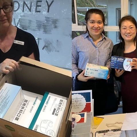 Donated masks being received by Sydney health workers.