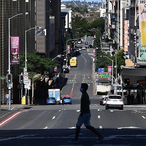A general view of a quiet Edward Street is seen in Brisbane amid a COVID-19 lockdown on Friday, 6 August, 2021. 
