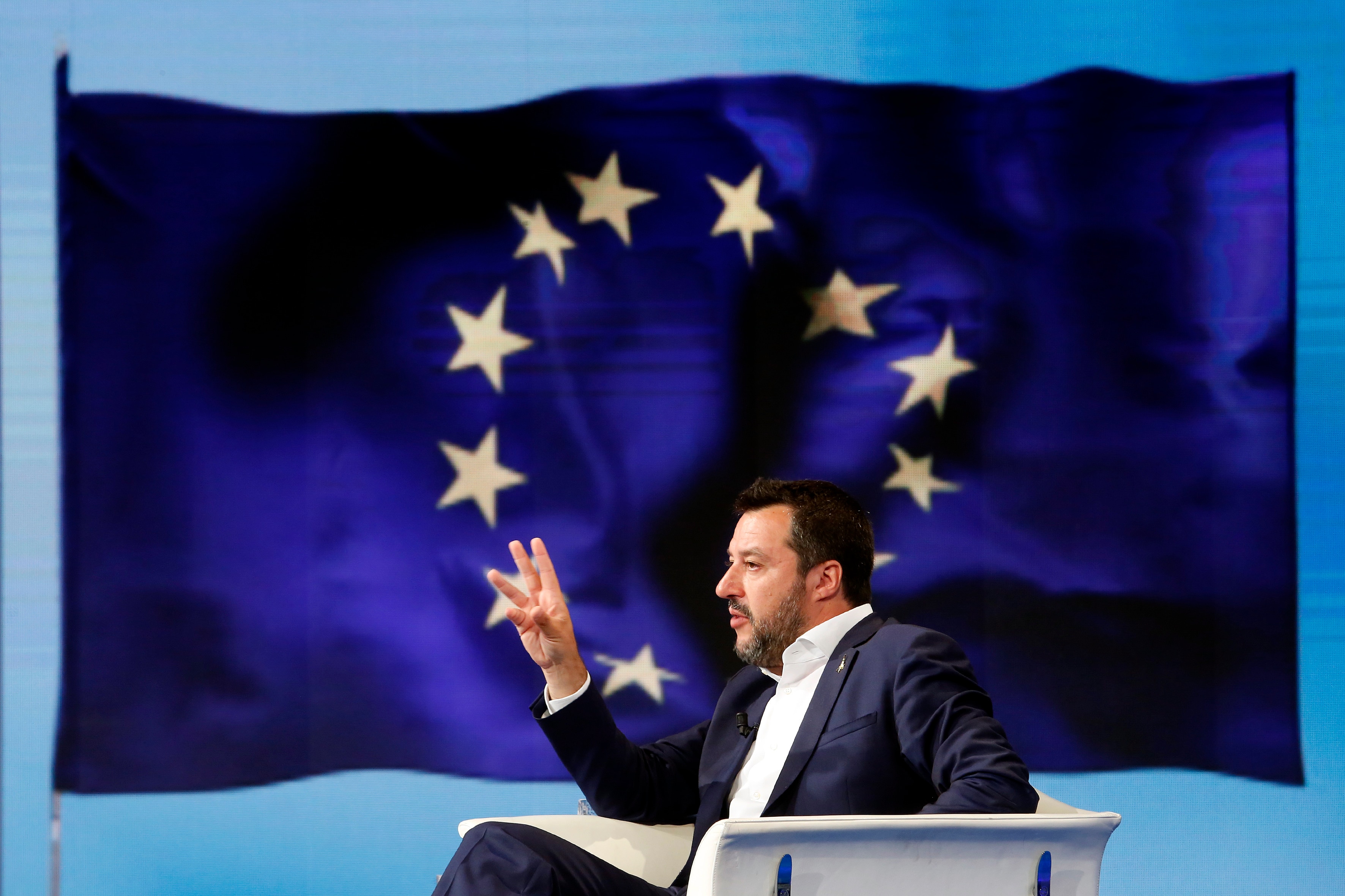 Matteo Salvini triumphed in the recent EU elections. Matteo Salvini and on the video a flag of EURome May 27th 2019. Italian Vice-Premier Matteo Salvini appears as a guest during the talk show Porta a Porta to talk about the European elections.(Photo Samantha Zucchi /Insidefoto/Sipa USA) .