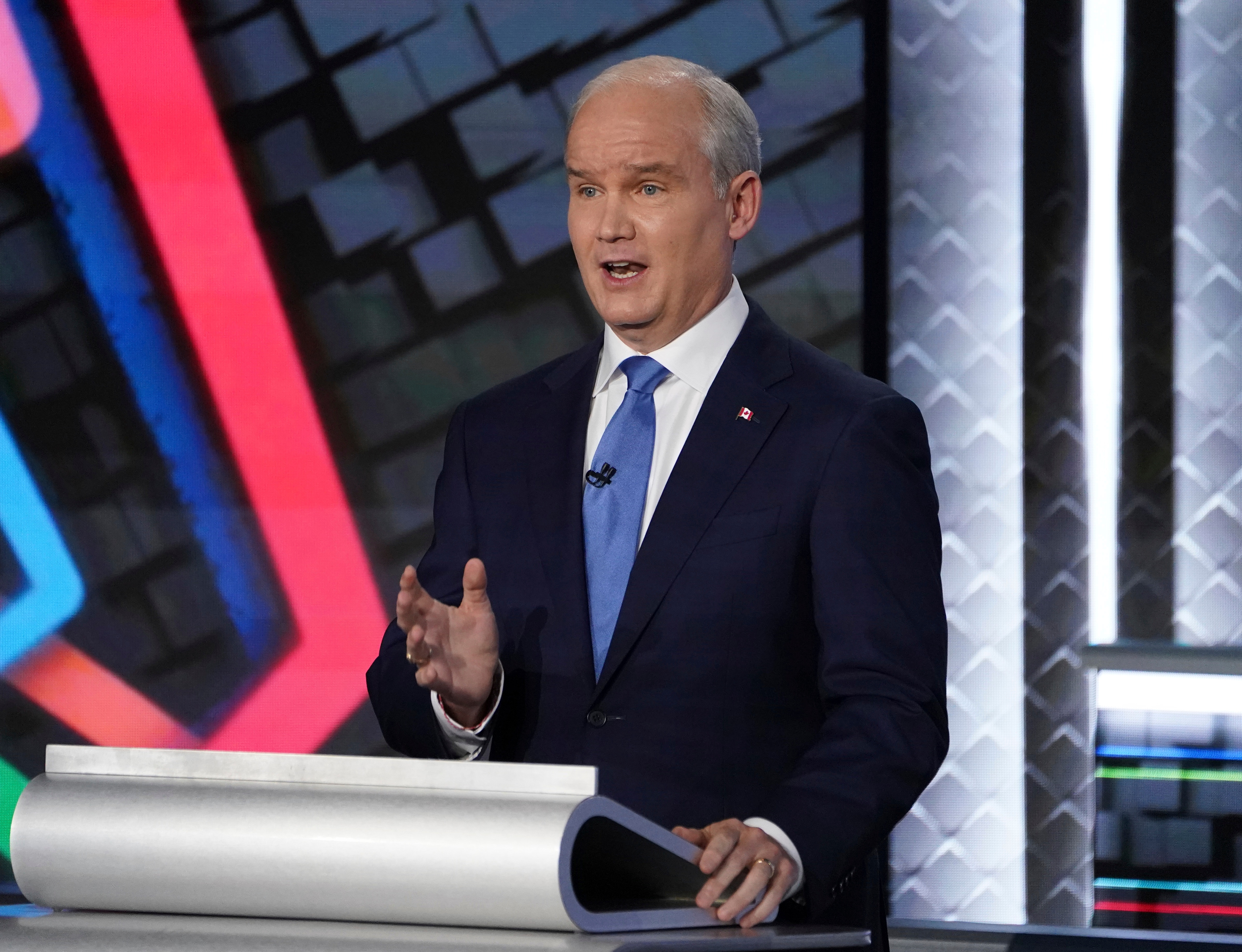 Conservative leader Erin O'Toole speaks during the federal election French-language leaders debate, Wednesday, Sept. 8, 2021 in Gatineau, Quebec.