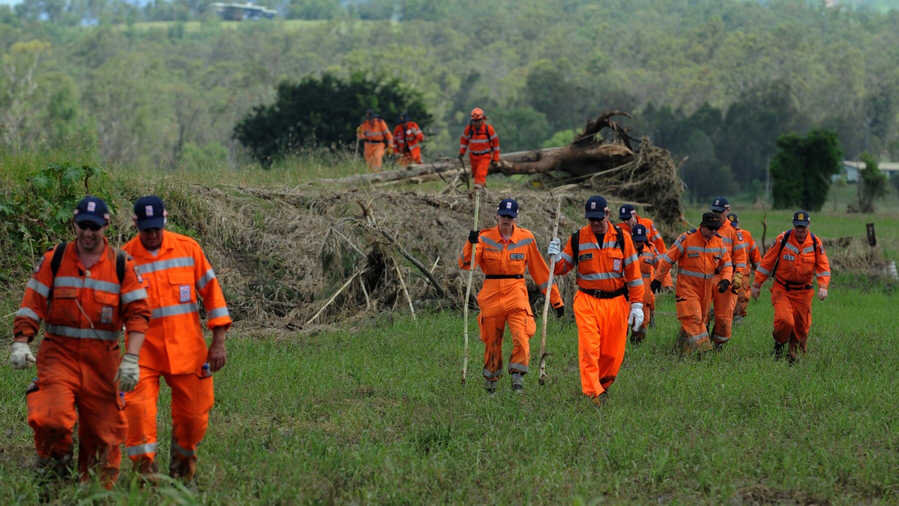 SES volunteers search for bodies in the fields 