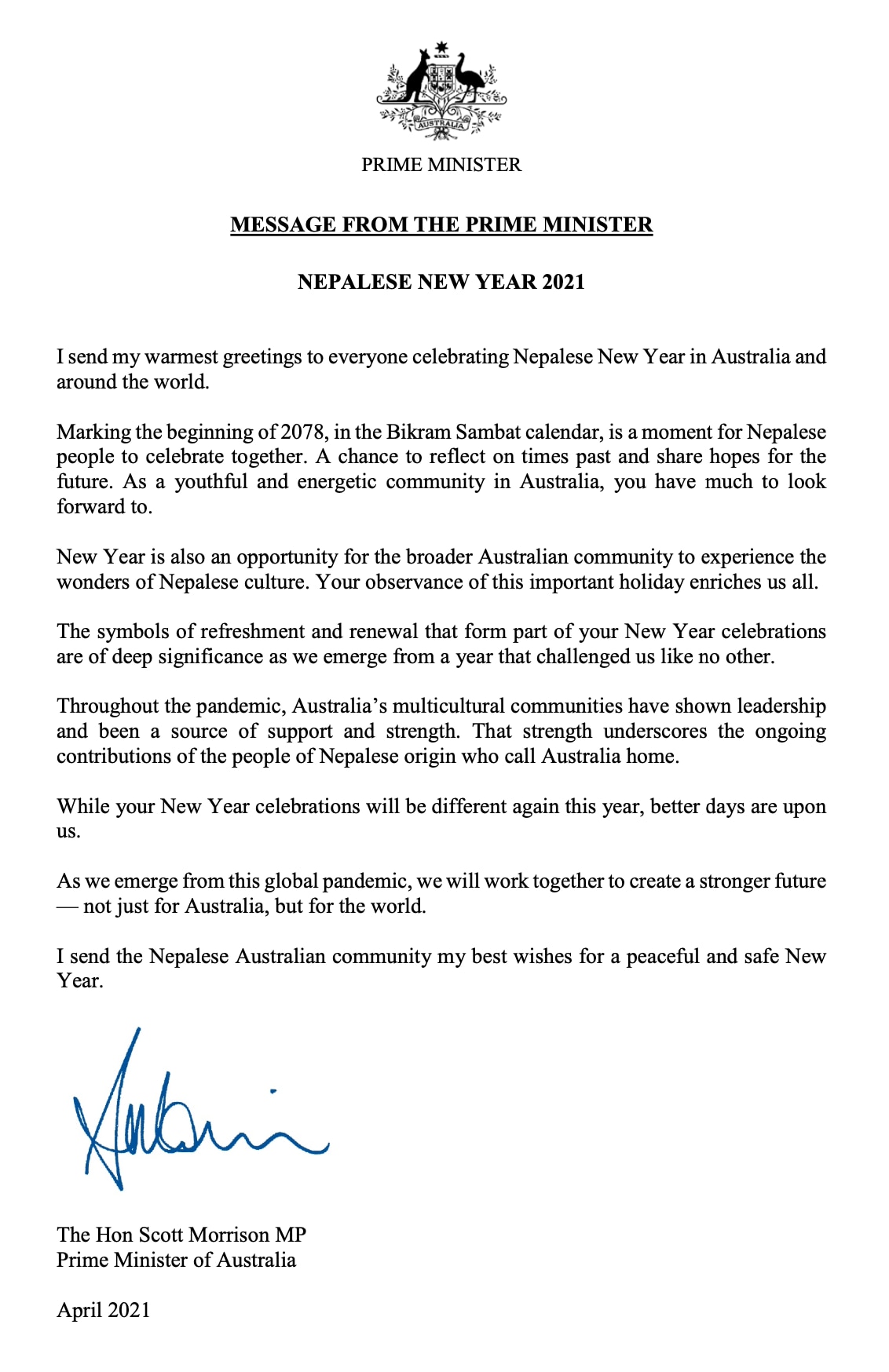 Scott Morrison says happy new year to Nepali people