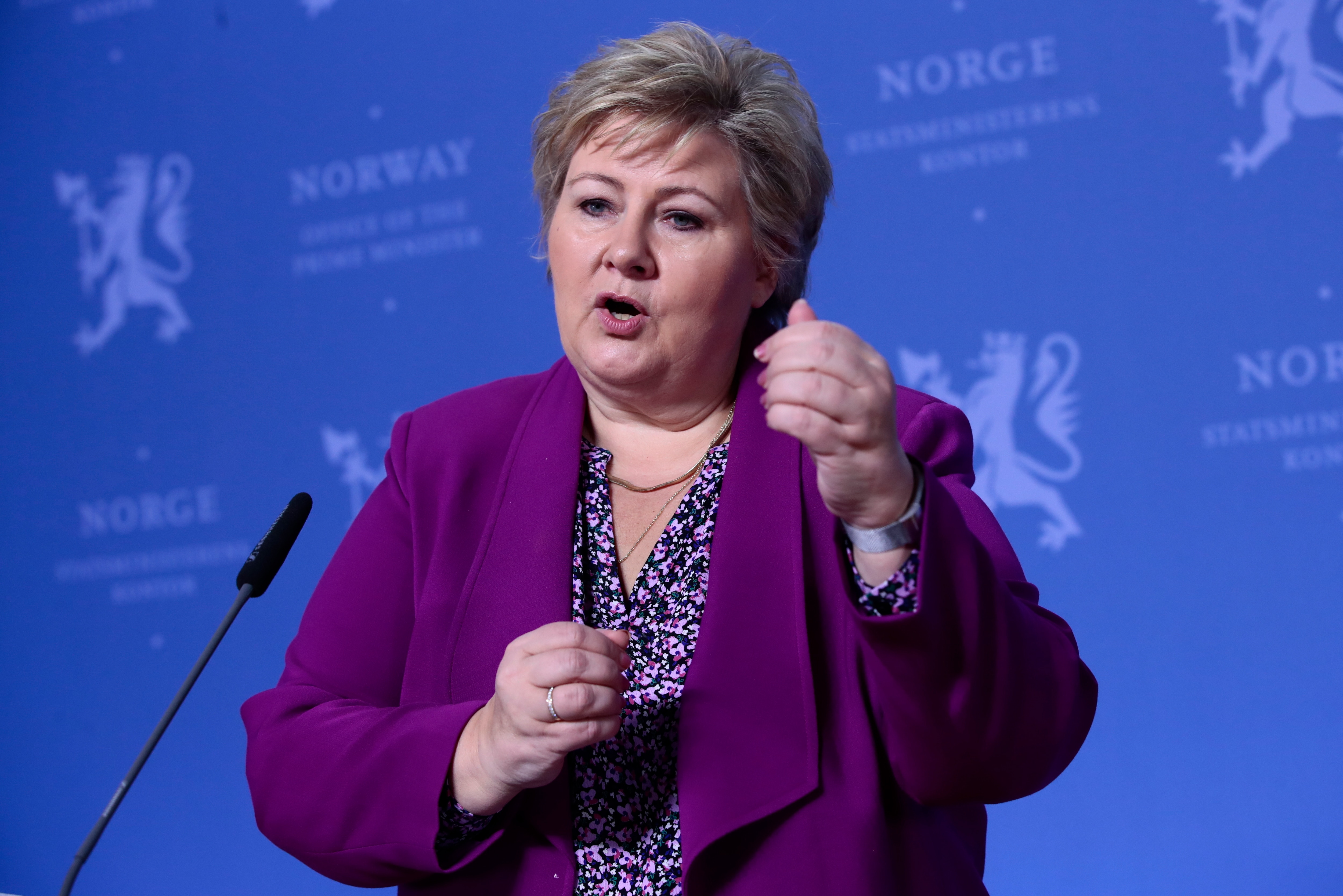 Prime Minister of Norway Erna Solberg during a press conference.