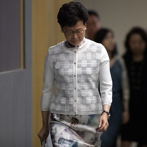 Hong Kong Chief Executive Carrie Lam Cheng Yuet-ngor arrives for a press conference at the Central Government Headquarters in Hong Kong, China, 15 June 2019. 