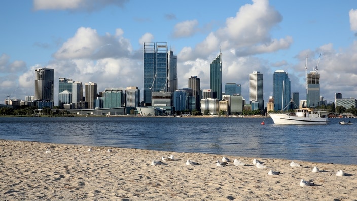 The skyline of Perth city seen from riverside of South Perth, Western Australia.