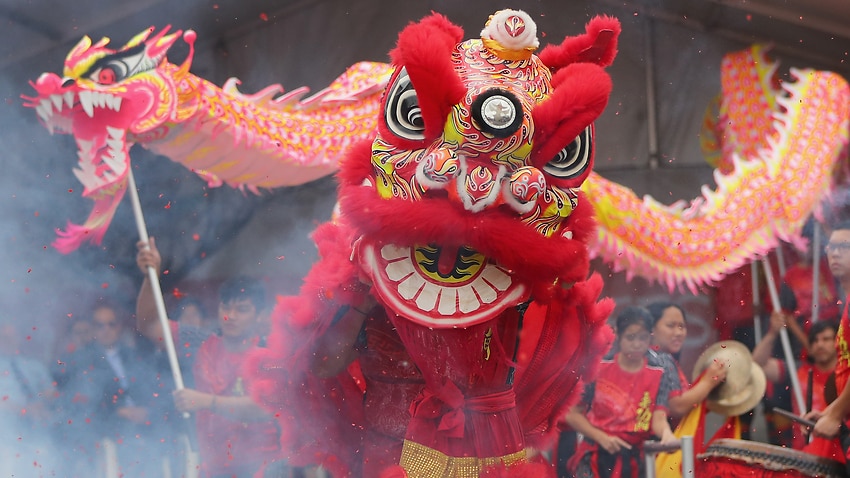 Lion dancers perform during the Georges River Lunar New Year Festival in Sydney, Saturday, January 18, 2020. (AAP Image/Jeremy Ng) NO ARCHIVING