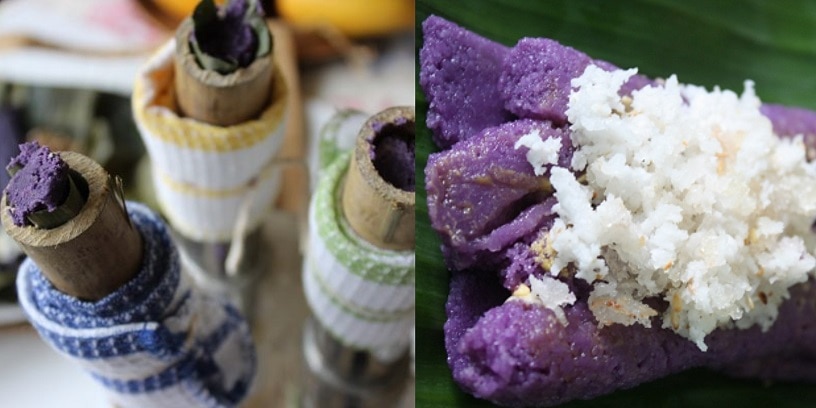 Puto Bumbong, purple-colored sticky rice that must first be soaked, dried overnight, then steamed in bamboo shoots.The rice is usually wrapped in banana leaf.
