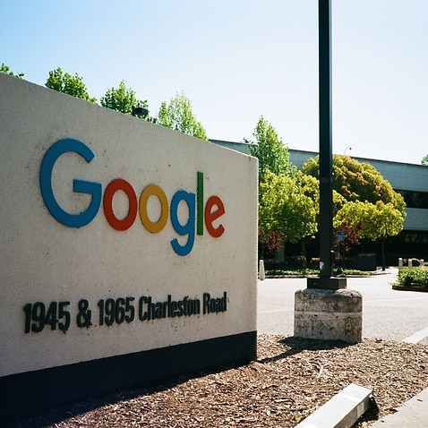 Close-up of sign and logo at the Googleplex, the Silicon Valley headquarters in California, April 14, 2018. 