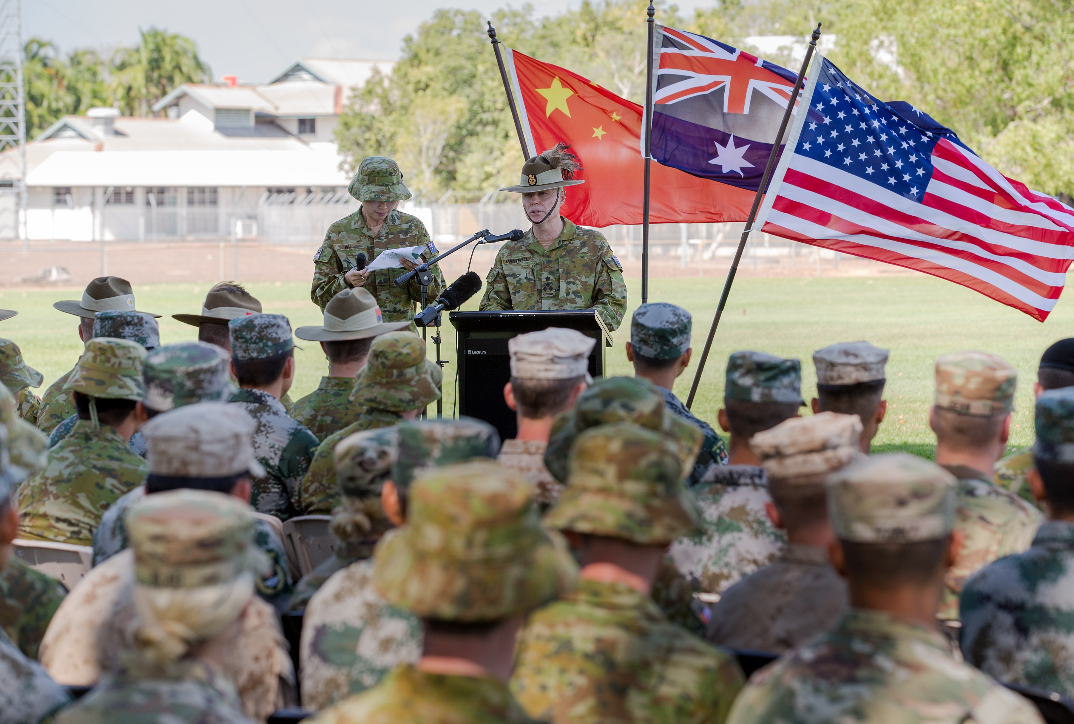 Brigadier Damian Cantwell addresses Australian Army, US Marine Corps and People's Liberation Army personnel as part of the joint the Exercise Kowari in Darwin.