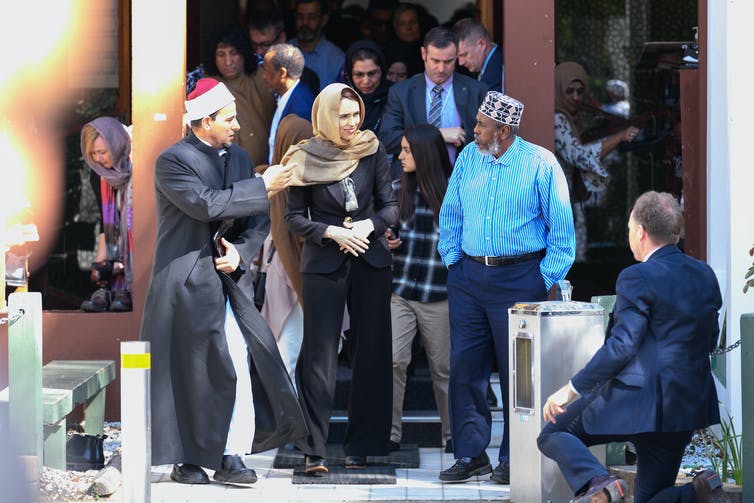 Imam Gamal Fouda of Al Noor Mosque, Prime Minister Jacinda Ardern and Muslim Association Canterbury President Mohamed Jama at the unveiling of a plaque honouring the 51 people who lost their lives in the Christchurch mosque terror attacks.