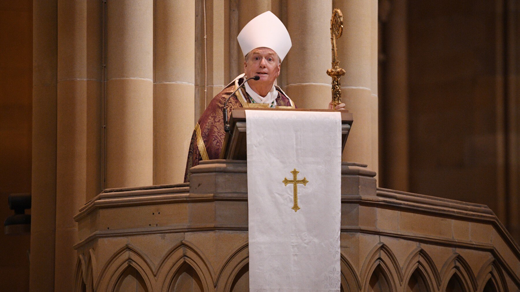 Archbishop of Sydney Anthony Fisher speaks during a State Funeral for Carla Zampatti at St Mary's Cathedral in Sydney, Thursday, April 15, 2021. 