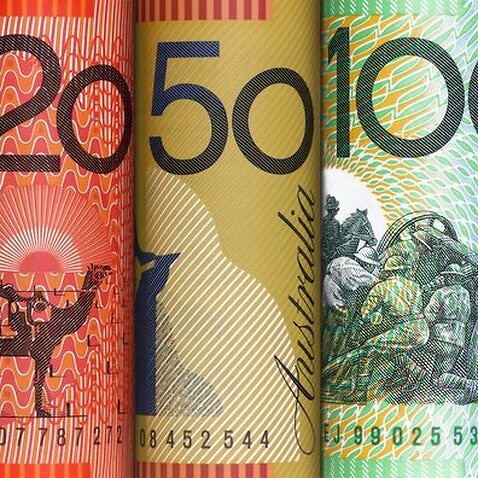 Close-up of colorful plastic Australian dollar notes