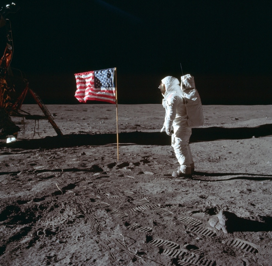July 20, 1969 photo made available by NASA, astronaut Buzz Aldrin Jr. poses for a photograph beside the U.S. flag on the moon during the Apollo 11 mission In this July 20, 1969 photo made available by NASA, astronaut Buzz Aldrin Jr. poses for a photograph beside the U.S. flag on the moon during the Apollo 11 mission.