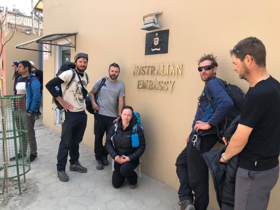 Stranded Australians outside the Australian Embassy in Kathmandu Nepal
