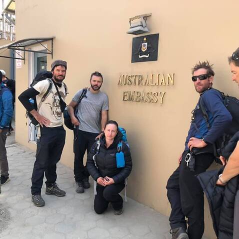 Stranded Australians outside the Australian Embassy in Kathmandu Nepal