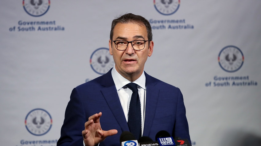 South Australian Premier Steven Marshall provides an update on COVID-19 during a press conference at the State Administrations offices in Adelaide, Wednesday, March 18, 2020. (AAP Image/Kelly Barnes) NO ARCHIVING