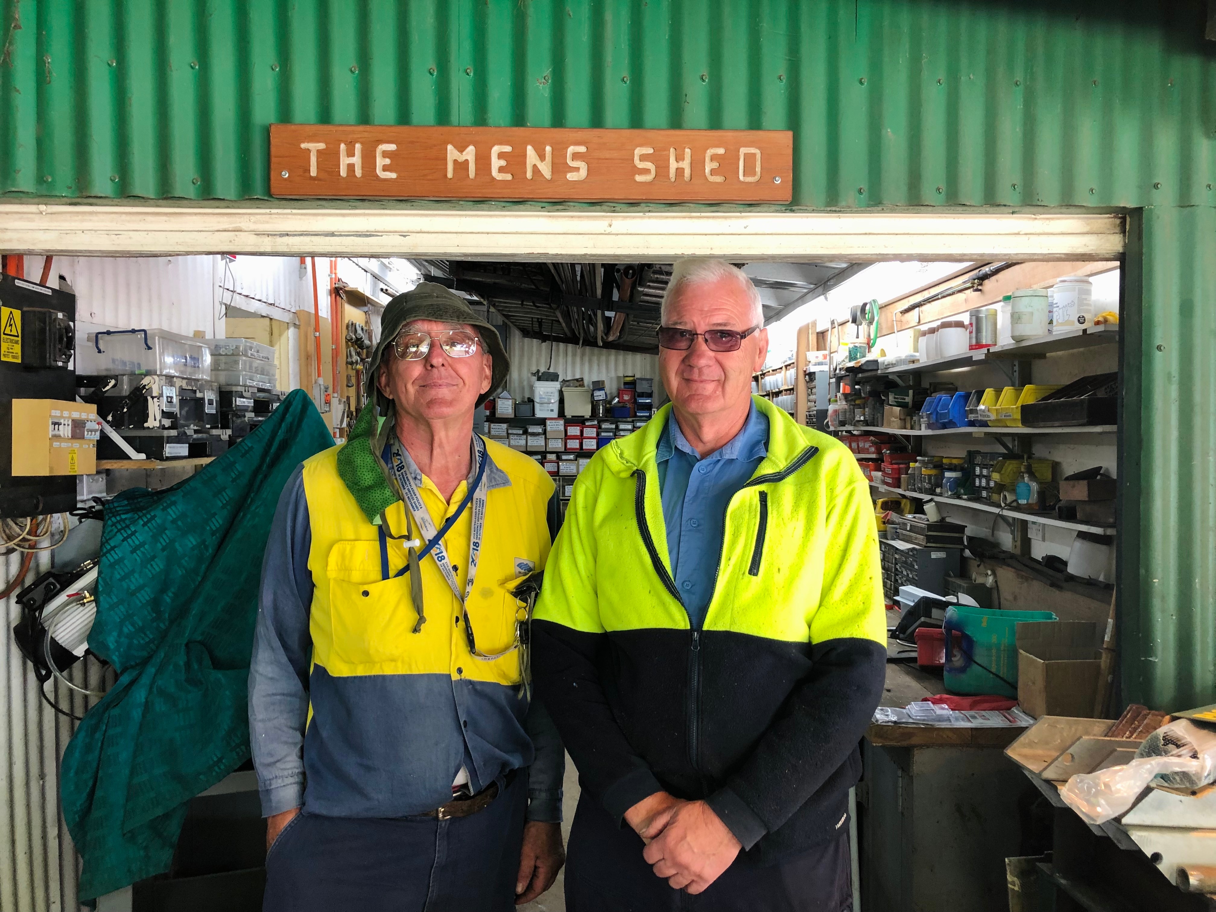 Fred Mirande (left) and John Sharples at the Men's Shed in Mount Keira, in the Illawarra region of New South Wales.