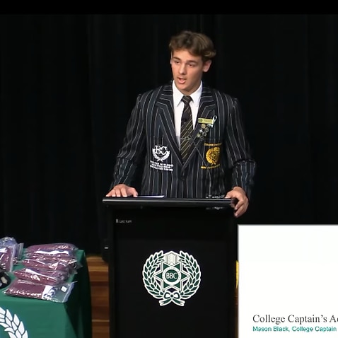 Brisbane Boys' College school captain Mason Black delivers a speech to classmates on Thursday. 