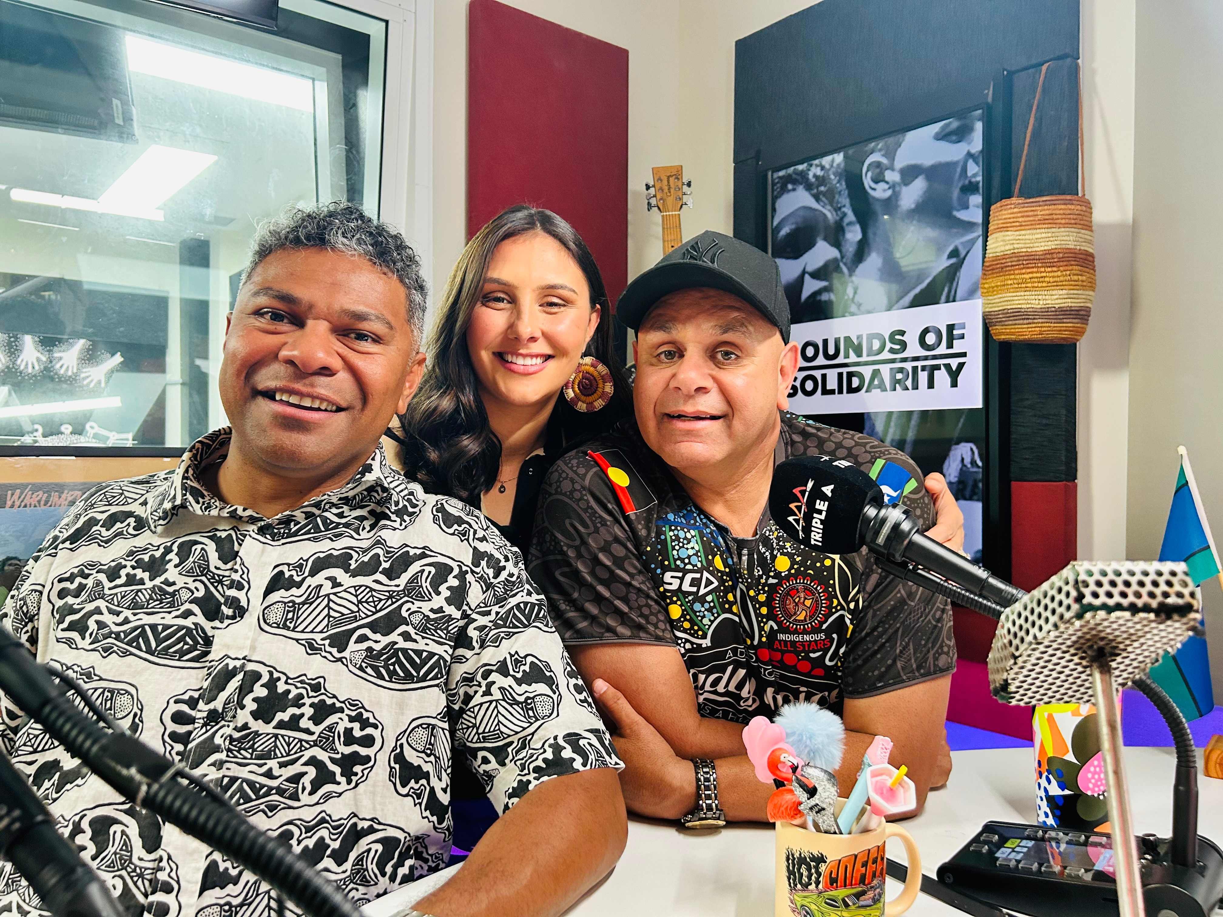 Fred Leone, Tanisha Williams and Kevin Kropinyeri present Sounds of Solidarity on NITV. Left to right - Fred Leone, Tanisha Williams and Kevin Kropinyeri present Sounds of Solidarity on NITV.