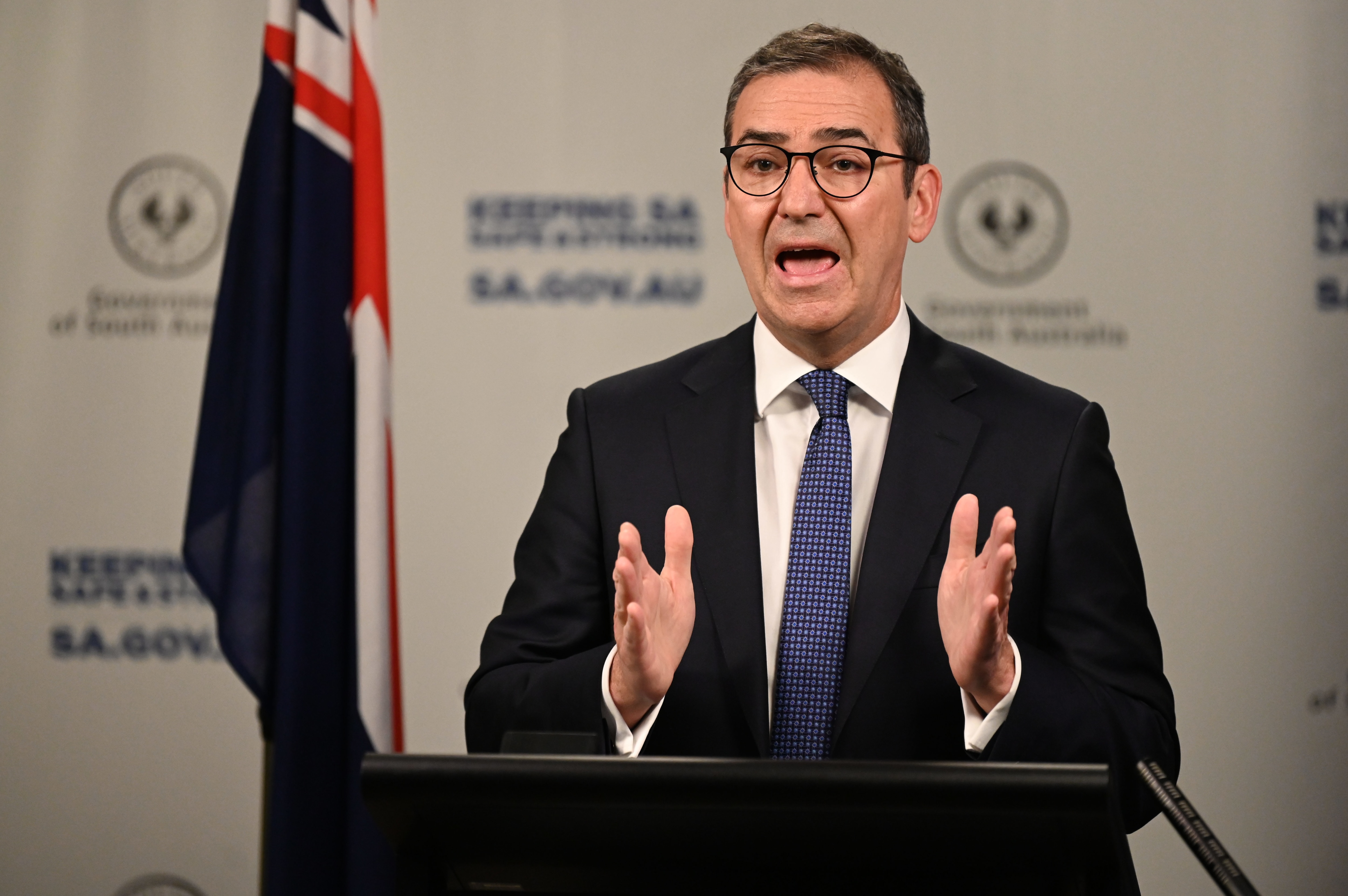 South Australia Prime Minister Steven Marshall addresses the media at a press conference in Adelaide.