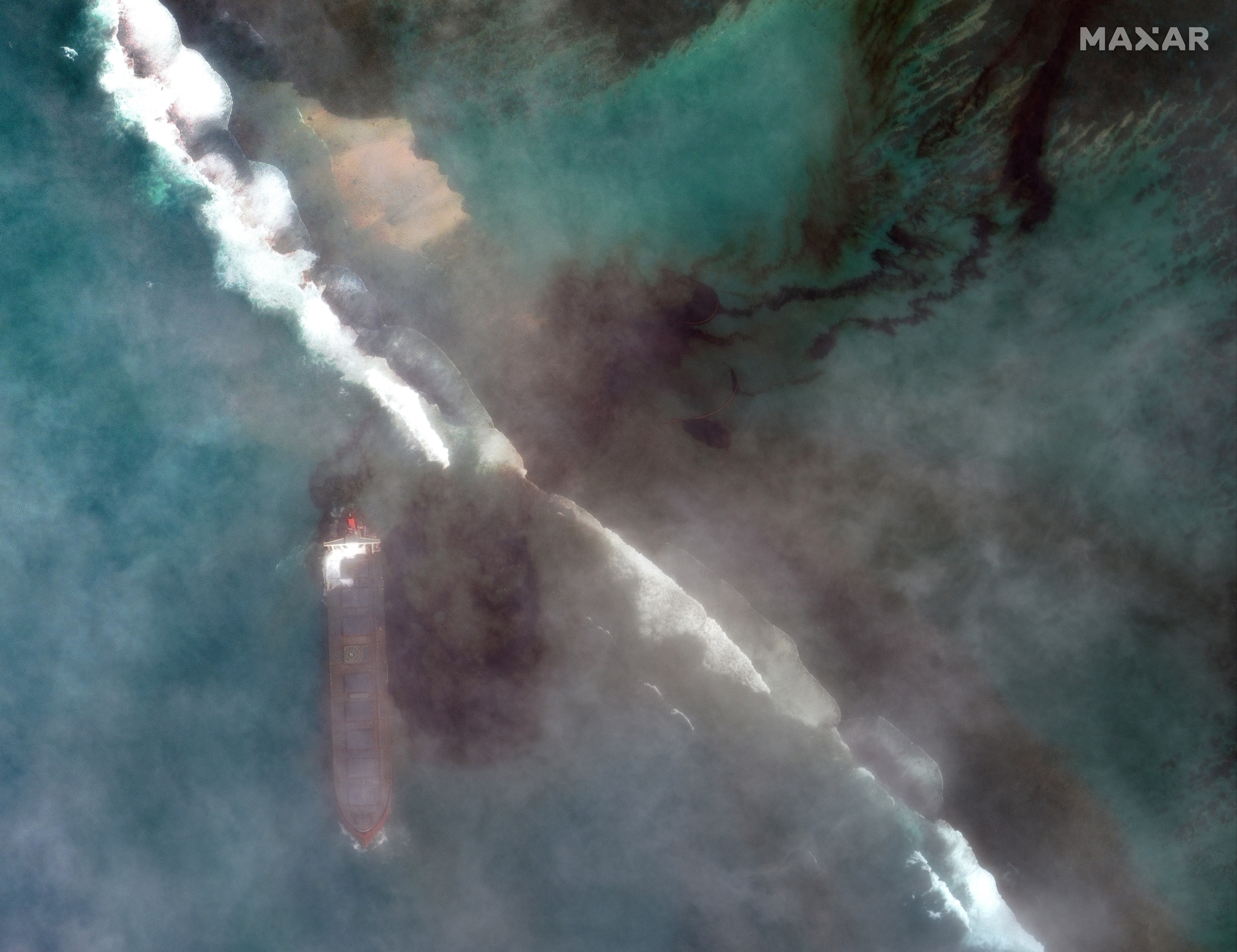 Satellite image shows the MV Wakashio, a bulk carrier ship that recently ran aground off the southeast coast of Mauritius