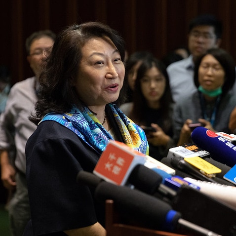 Hong Kong's Secretary for Justice Teresa Cheng talks to media after Legislative Council formally withdrew an extradition bill, in Hong Kong.