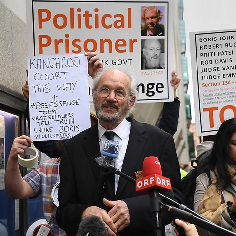 John Shipton, the father of Julian Assange, speaks outside the Old Bailey, London.