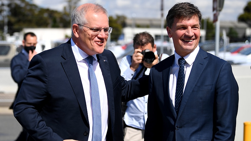 Prime Minister Scott Morrison and Minister for Energy Angus Taylor ahead of a tour of the Toyota Hydrogen Centre in Altona, Melbourne, 9 November, 2021.