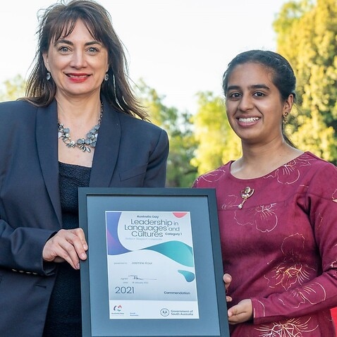 Jasmine Kaur with Human Services Minister Michelle Lensink at the Governor House in Adelaide on Monday 18 January